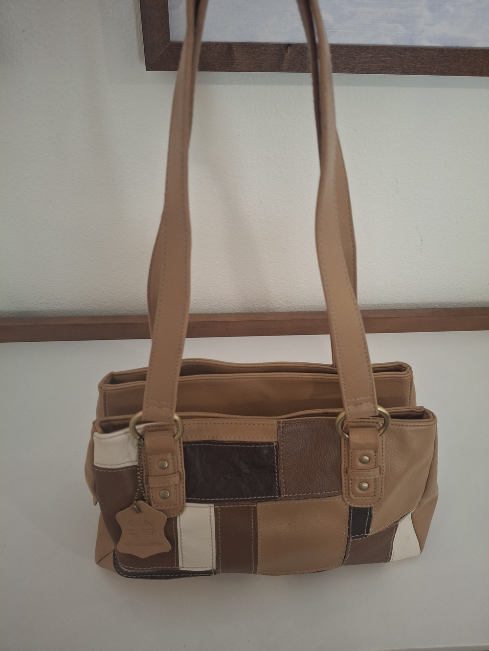 Leather Patchwork Shoulder Bag in Tan, Brown and Cream